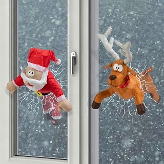 Animated Crashing Santa & Reindeer Set with Sound, Kicking Motion & Shattered Glass Decal, Funny Christmas Window Display for Indoor Outdoor Home Door Holiday Decor, Novelty Xmas Gift Idea