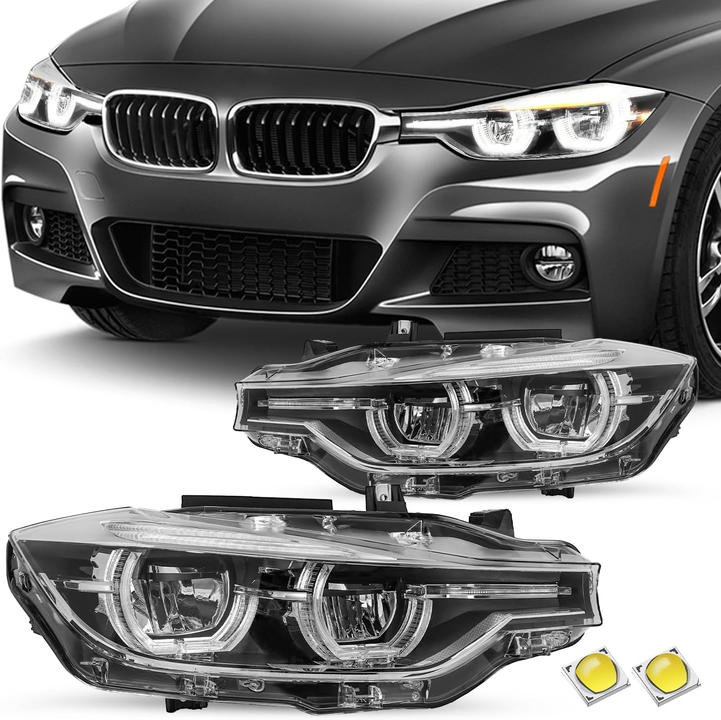 SOCKIR Full LED Headlight Assembly Replacement for 2016-2019 BMW 3-SERIES F30 F31 320i 328i 330i 340i w/LED DRL Projector, OE Style Factory Headlamp W/O AFS Chrome Driver and Passenger Side