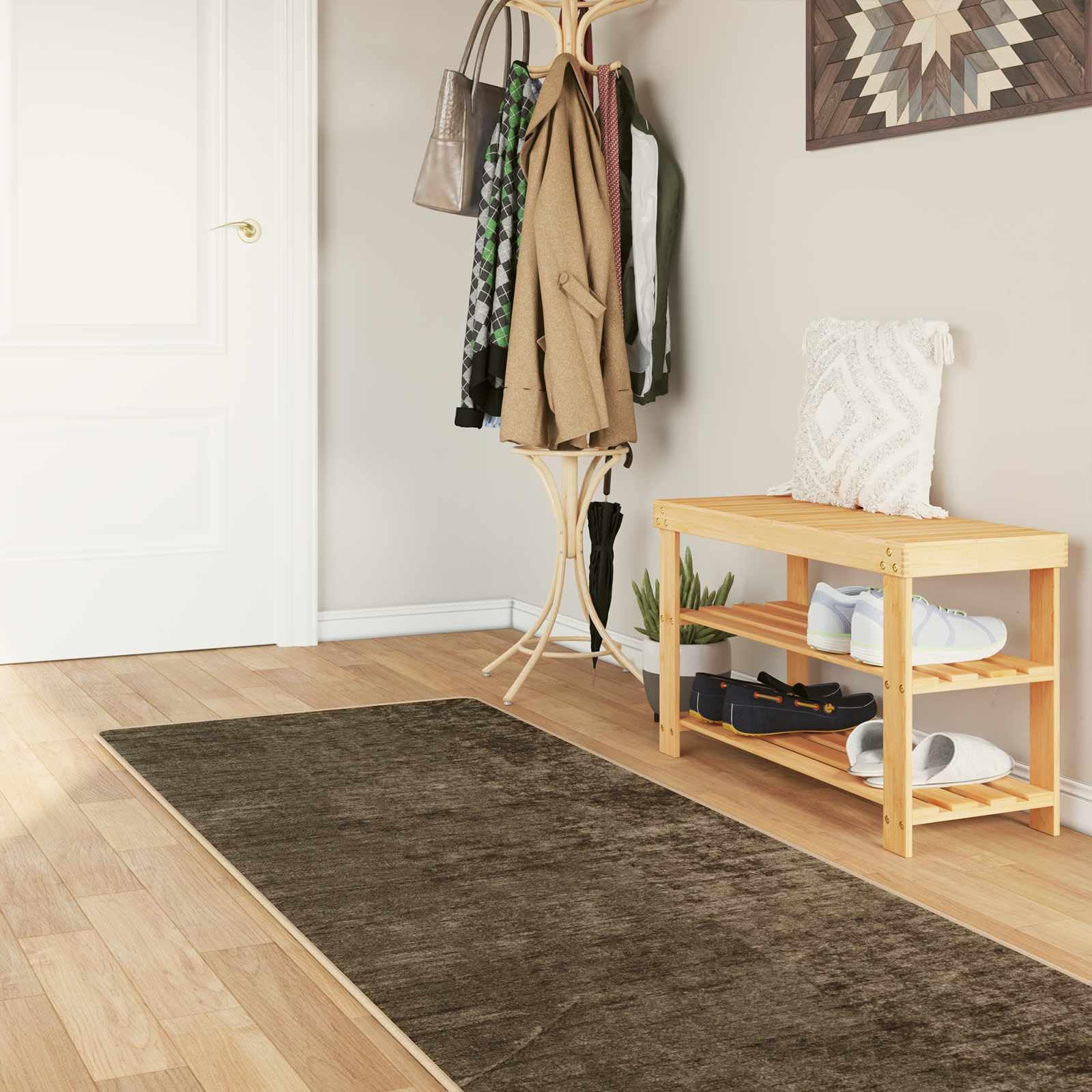 Marsa Tapis de sol moderne - Vert forêt - 100 x 450 cm - Polyester et PVC - Antidérapant - Lavable - Avec poils doux - Pour couloir, salon, chambre à coucher