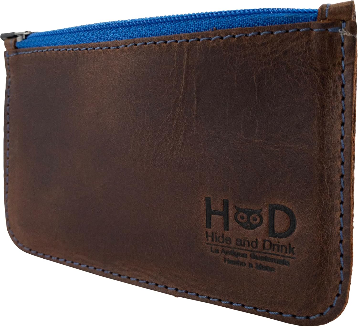 Hide & Drink, Rectangular Zippered Wallet Handmade from Full Grain Leather - Bourbon Brown (Blue Zipper)