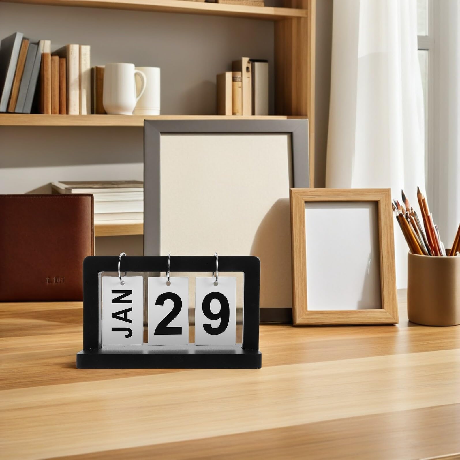 Calendario da Tavolo in Legno Vintage 4 Pezzi Visualizzazione Data a Ribalta, Calendario da Scrivania per Arredamento Ufficio e Casa, Planner Mensile Riutilizzabile