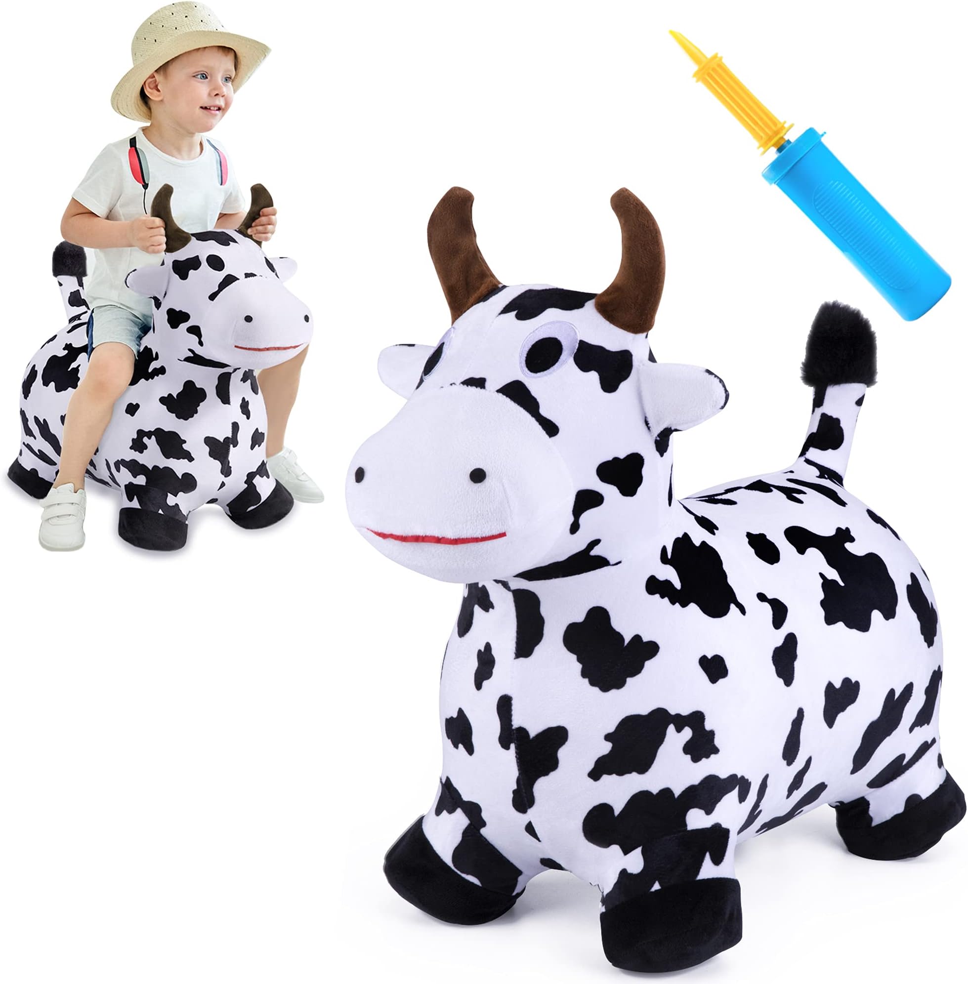 Bouncy Pals Hopping Cow Horse, Toddler Girl Boy Inflatable Bouncing Animal Hopper Toy, Outdoor Indoor Plush Ride on Bouncer, Baby Birthday Gift 18 Month 2 3 4 Year Old Kid - Cow
