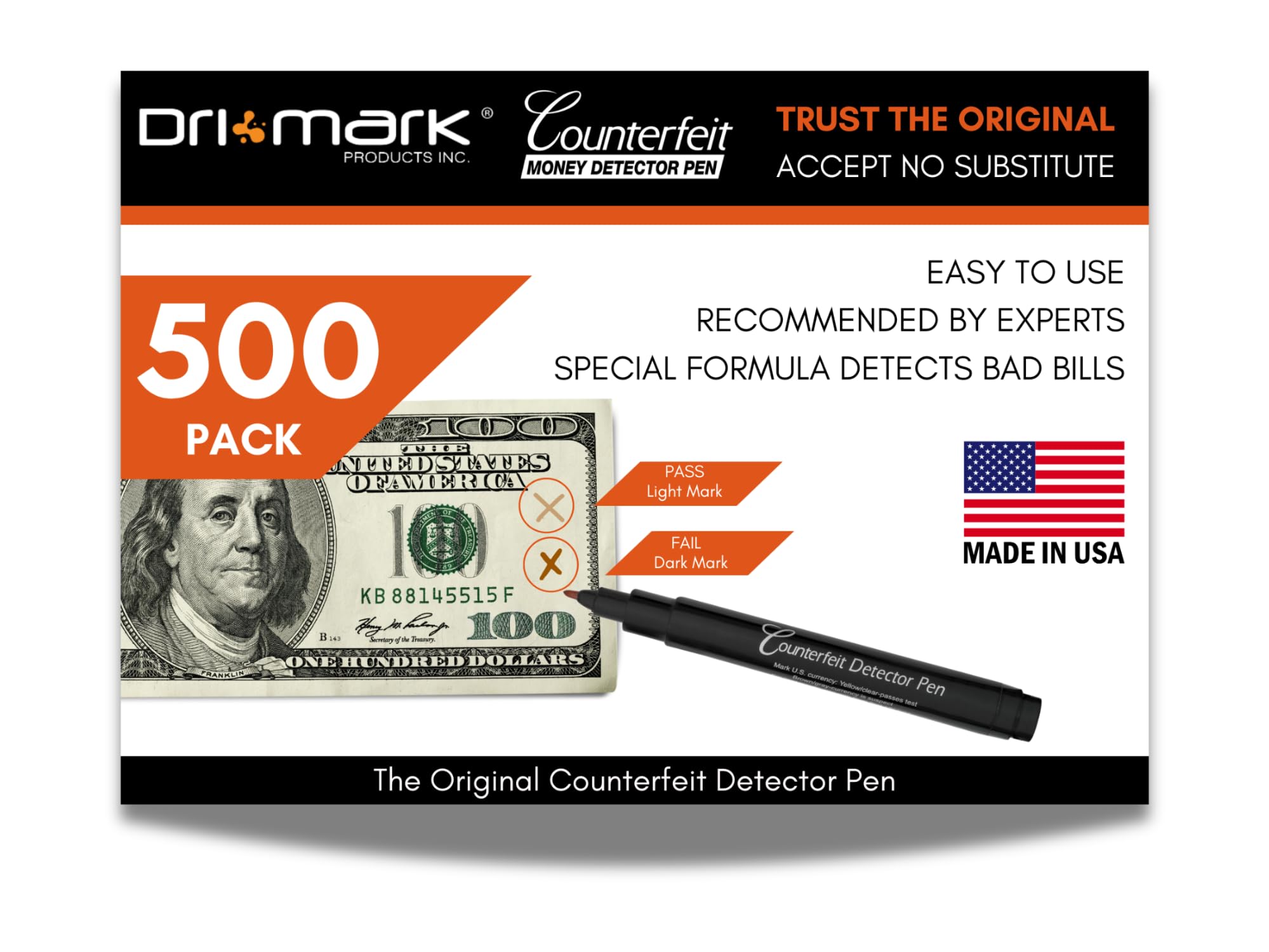 Dri Mark 500 Pack Counterfeit Bill Detector Marker Pen, Made in The USA, 3 Times More Ink, Pocket Size, Fake Money Checker - Money Loss Prevention Tester & Fraud Protection for U.S. Currency