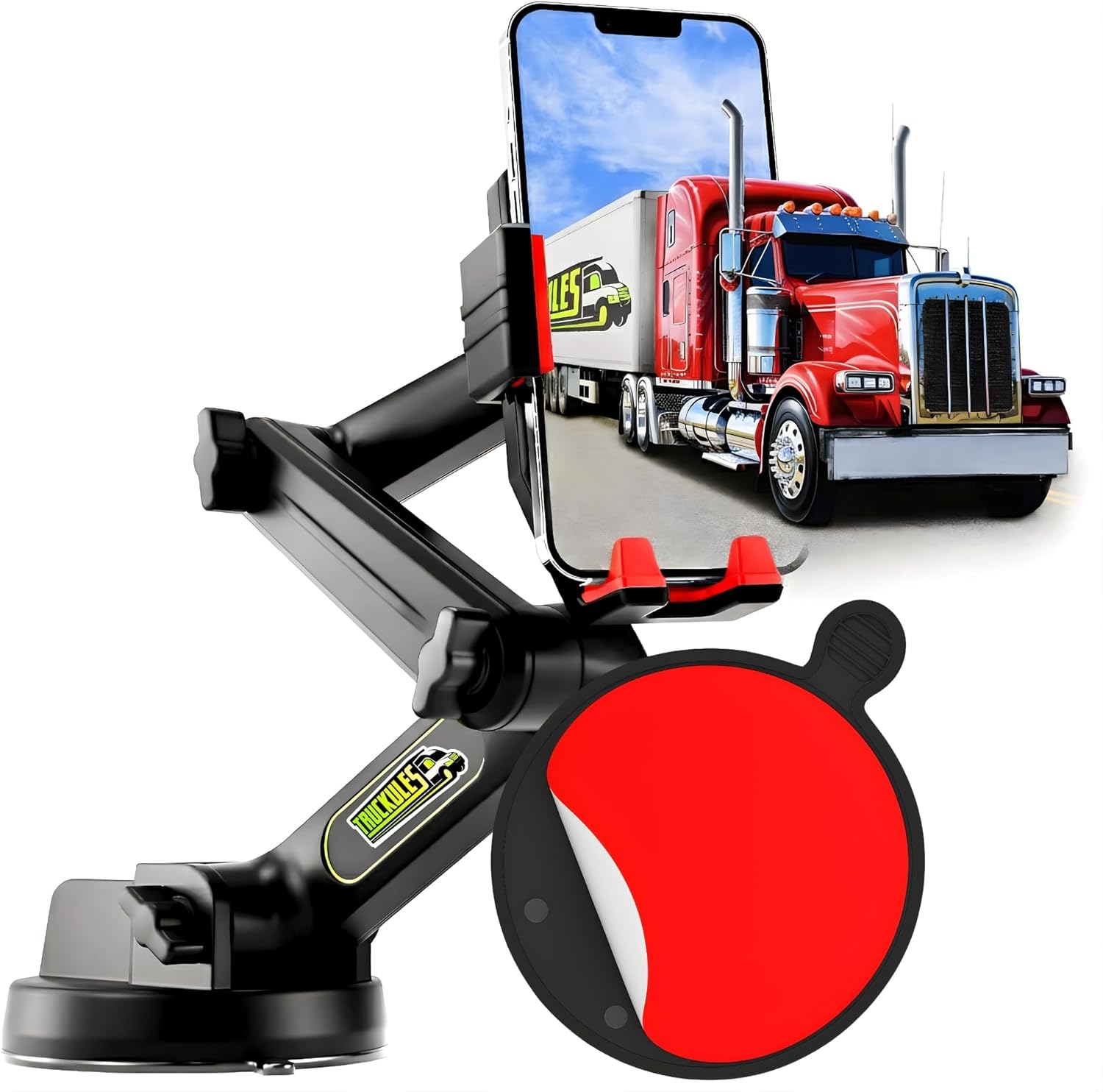 Cell Phone Mount for Truck Phone Holder for Truck Drivers - Heavy Duty Suction Cup + Dashboard Pad, iPhone Holder for Dashboard Window 16.9 inch Long, for iPhone & Samsung, Big Rig Trucker, Red