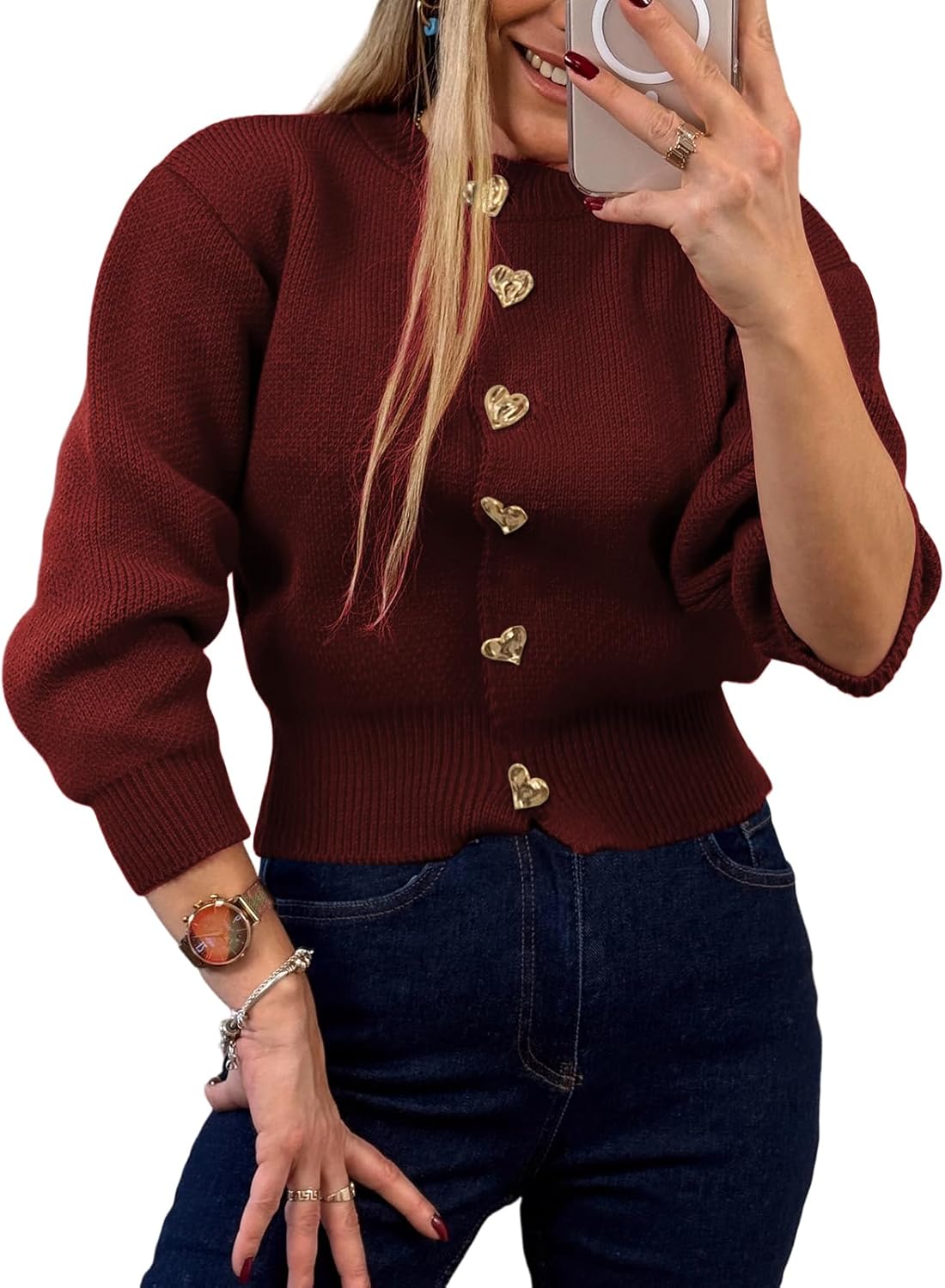 Women’s Knit Cardigan Sweater with Heart Buttons, Casual Button Down Knitwear Long Sleeve Cropped Cardigan for Fall Winter