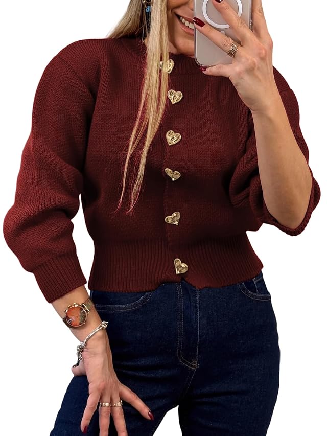 Womens Knit Cardigan Sweater with Heart Buttons Casual Button Down Knitwear Long Sleeve Cropped Cardigan for Fall Winter