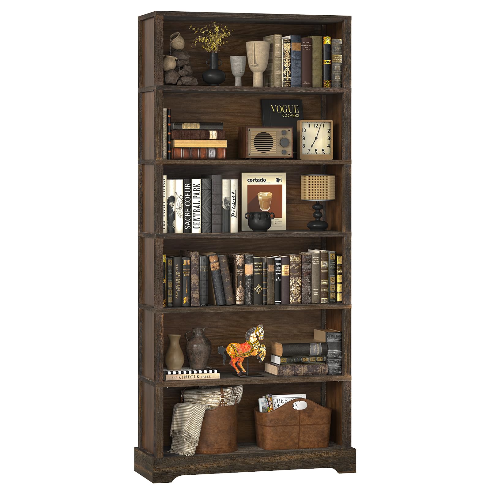 Photo 1 of TVU 6-Tier Wooden Book Shelf, Floor-Standing Display Bookcase, 77.2" H x 31.5" W x 11" D Bookshelf, Farmhouse Style Book Case with Arched Base, Suitable for Living Room, Study, Office, Walnut