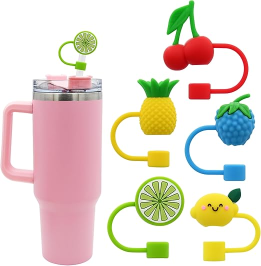 Silicone Straw Cover for 10mm Straw Covers Cap for Stanley Cup Accessories, Cute Straw Topper for Tumblers Straw Cap Stopper for Reusable Straws Tip Lids (5pcs fruit straw cap)