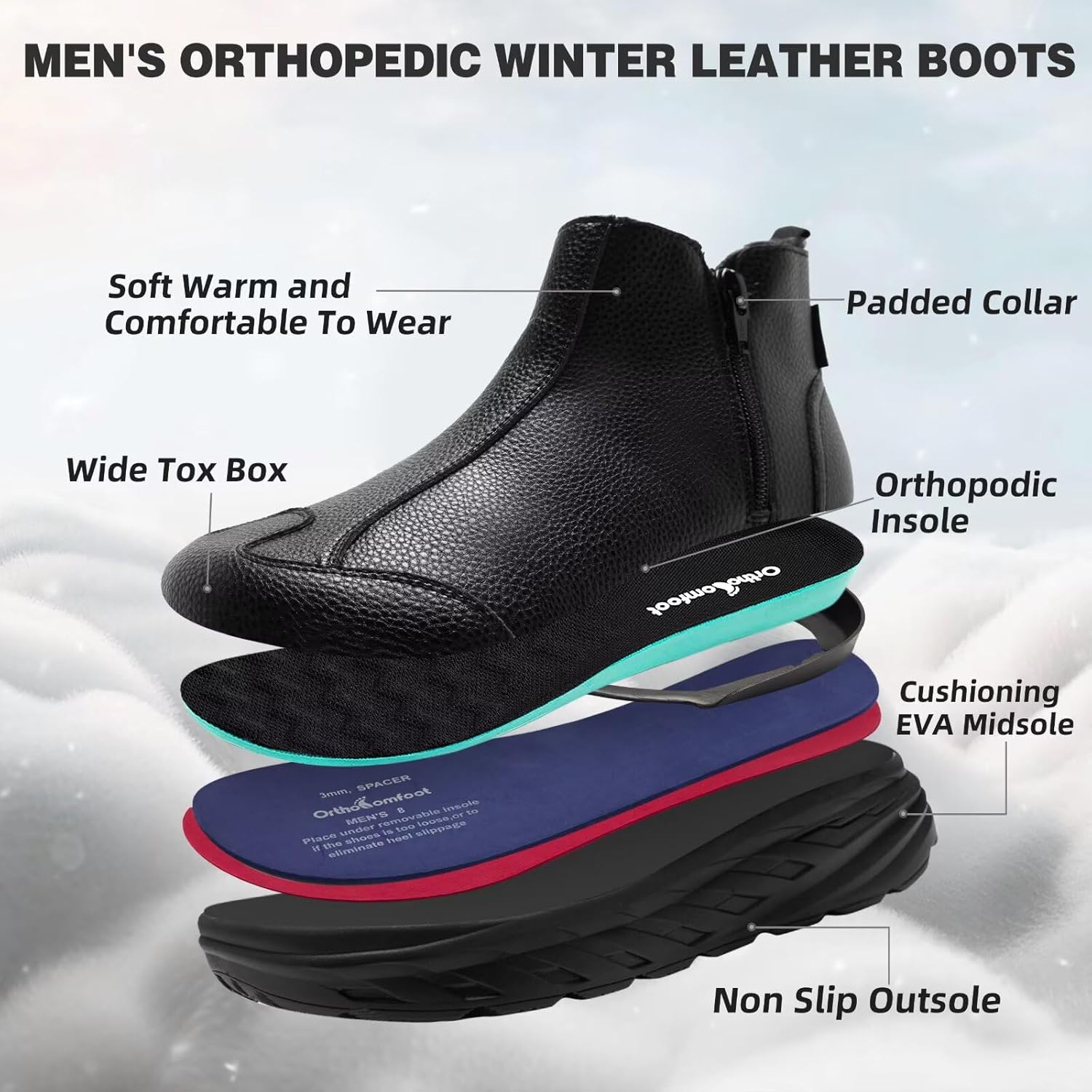 Men's Orthopedic Diabetic Winter Boots: Wide Toe Box Comfortable Arch Support Plantar Fasciitis Leather Dress Oxfords Shoes, Casual Warm Walking Snow Ankle Mid Boots for Foot and Heel Pain Relief - Image 7