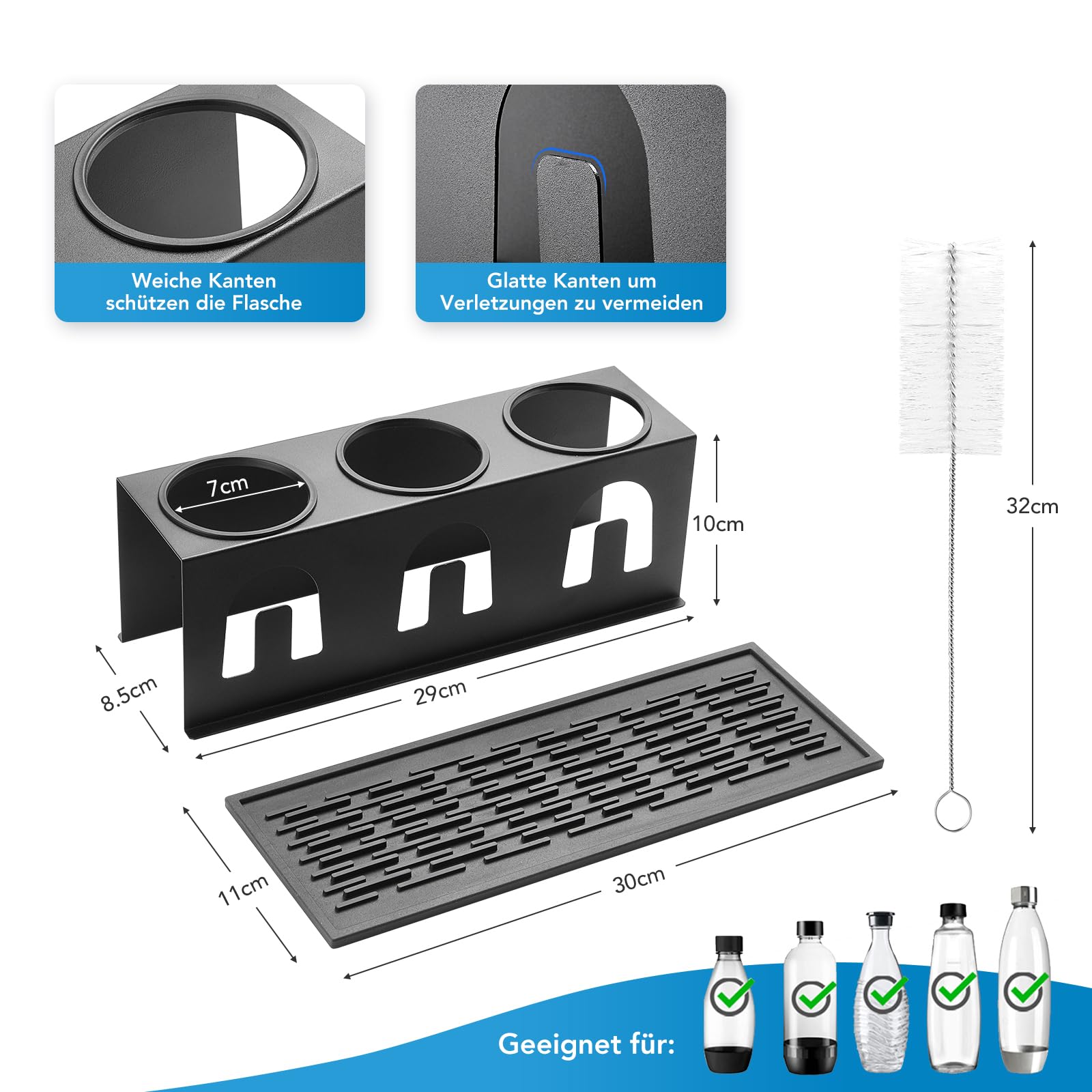 ACTIV Cuisine Flaschenhalter für Sodastream Duo Crystal Flaschen, 3er Edelstahl Abtropfhalter Abtropfgestell platzsparend, Breite 11cm, mit Abtropfmatte, Deckelhalter, Flaschenbürste, Schwarz