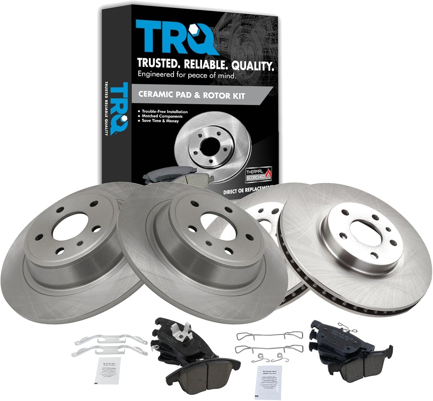 TRQ Ceramic Brake Pad and Rotor Kit for 2013–2020 Ford Fusion (Front and Rear)