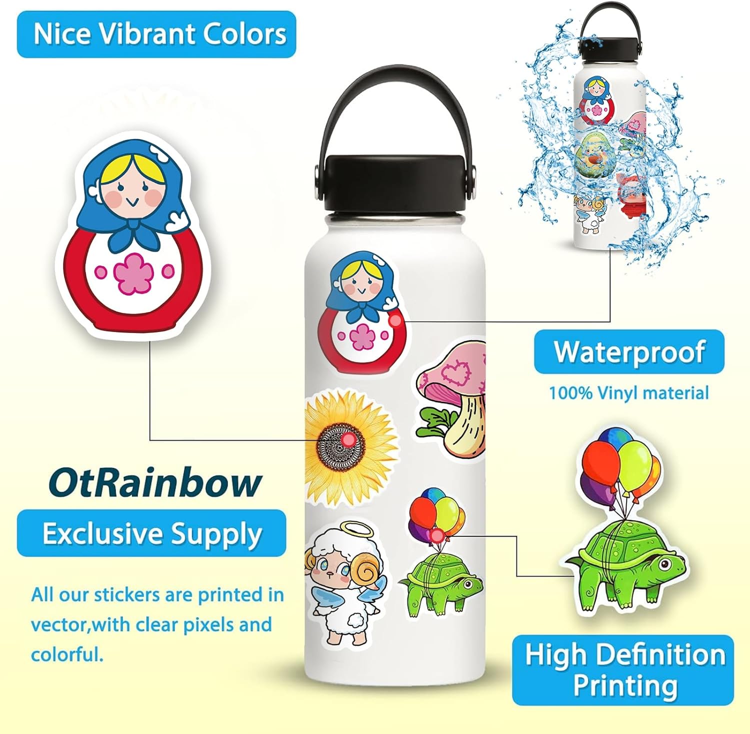 OtRainbow 300 PCS Multicolor Vinyl Waterproof Stickers, Cute Aesthetic Sticker. Laptop, Water Bottle, Phone, Skateboard Stickers for Teens Girls Kids, Vinyl Sticker.