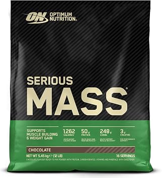 Optimum Nutrition Serious Mass Protein Powder High Calorie Mass Gainer with Vitamins Creatine and Glutamine Chocolate 16 Servings 5.45kg packaging may vary