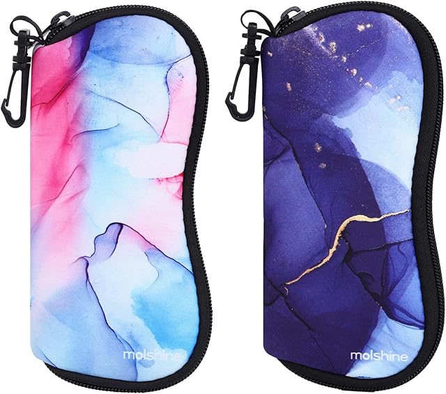 molshine 2 Pieces Soft Sunglasses Case,Neoprene Zipper Glasses Pouch,Portable Eyeglasses Bag with Hook for Women Men