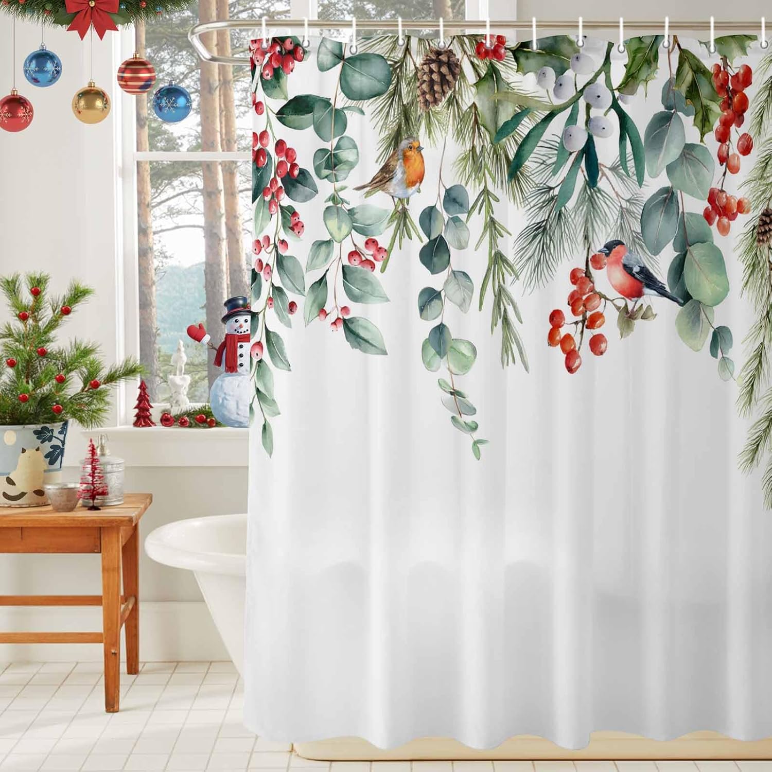 Christmas Eucalyptus Leaf Shower Curtain Bathroom Set Xmas Bird Red Berry Waterproof Shower Curtains with Grommets Hooks White Curtain for Bathtub Decor 72x72in