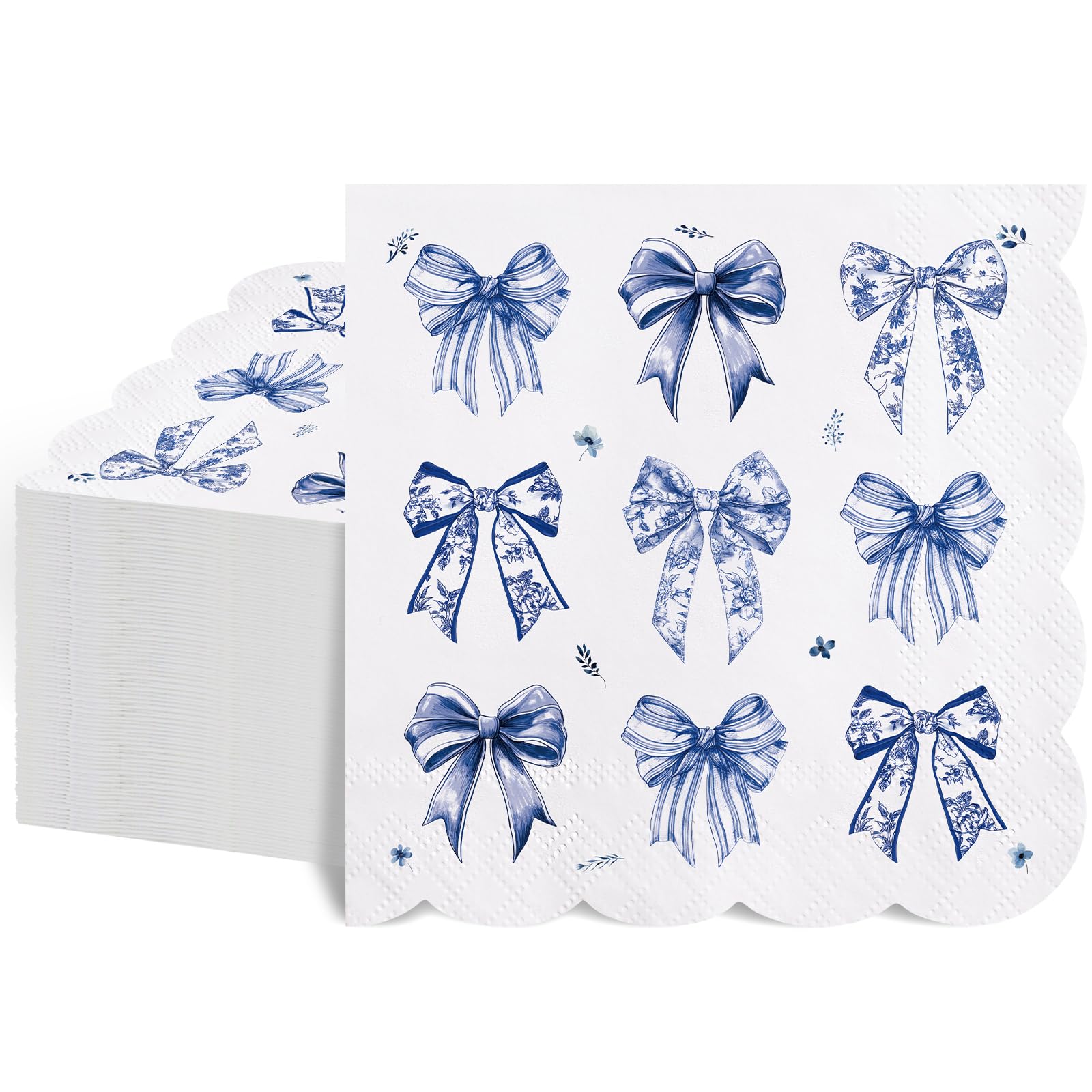 NatNarr 100 Pk Blue Bow Cocktail Napkins, 5" Scalloped Decoupage Napkins | 2-Ply Disposable Paper Napkins, 9 Bow Patterns, Blue And White Toile Style, Ideal For Baby Shower, Tea Party, Wedding