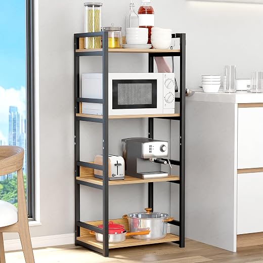 Lukzer 4 Layer Multipurpose Storage Rack - Heavy Duty Metal &amp; Wood Kitchen Organizer | Space Saving Microwave Oven Stand f...