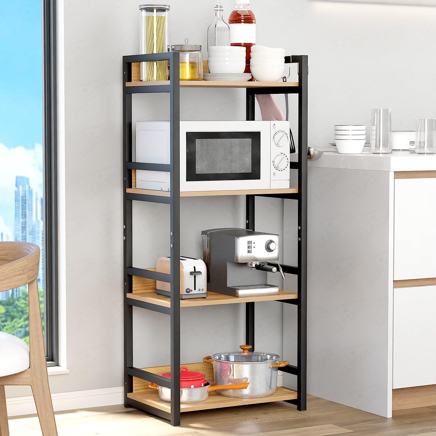 Lukzer 4 Layer Multipurpose Stand: Your All-in-One Storage Solution For Every Spaces (Black/130 x 60 x 39cm, Expertly Crafted with Wood and Metal)