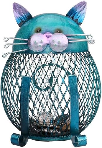 Alcancía de gato para niños, caja de monedas de metal en forma de gato, banco de dinero de moneda, adorno de artesanía de trabajo manual, marrón