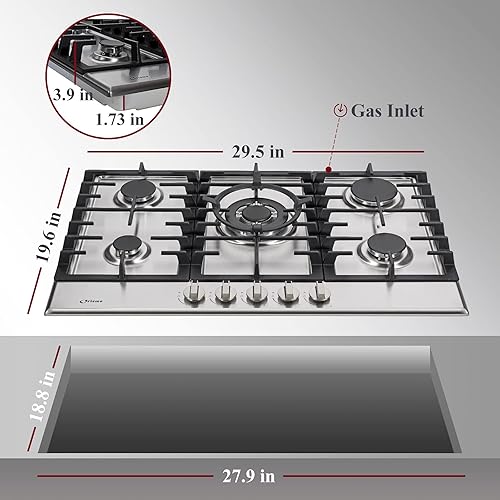 Miniatura 3 de Estufa de gas de acero inoxidable de 30 pulgadas, estufa de gas propano con 5 quemadores, estufa de gas convertible GLPG con protección de termopar