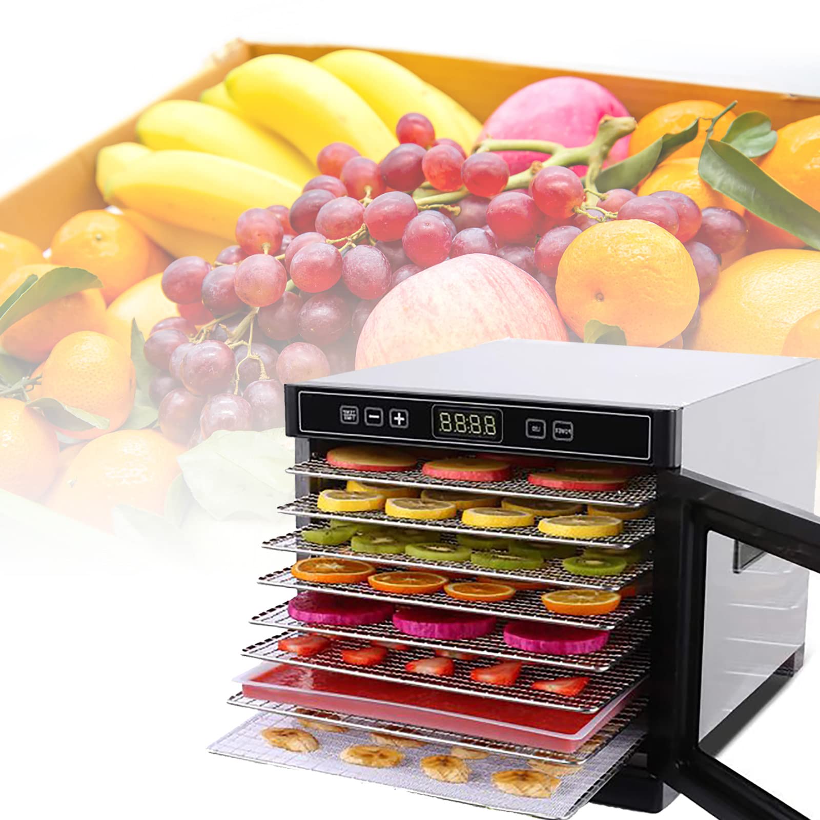 Deshidratador de Alimentos de 8 bandejas Negro, Temporizador de 24 Horas, Ajuste de 35-75 ℃, máquina Seca con Pantalla Digital, para secar Frutas, Carne, Verduras, 220v