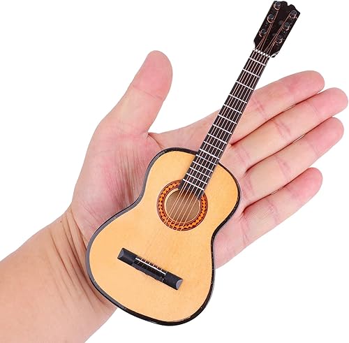 Vista 11 de Guitarra miniatura de madera con soporte y estuche, mini instrumento musical, réplica de guitarra, figuras coleccionables, accesorios de casa