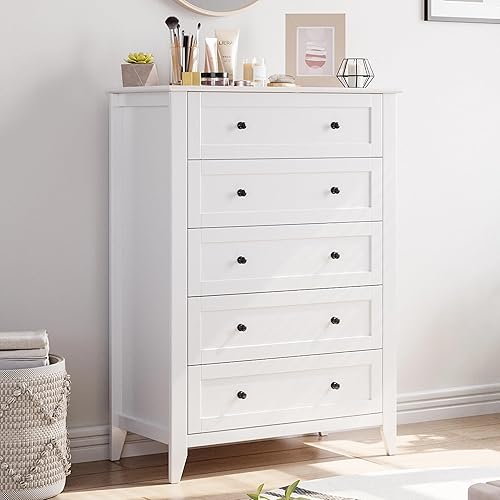 IDEALHOUSE 5 Chest of Drawer Dresser, Modern White Storage Organizer with Drawers for Bedroom, Living Room, Entryway, 42.5'' Tall