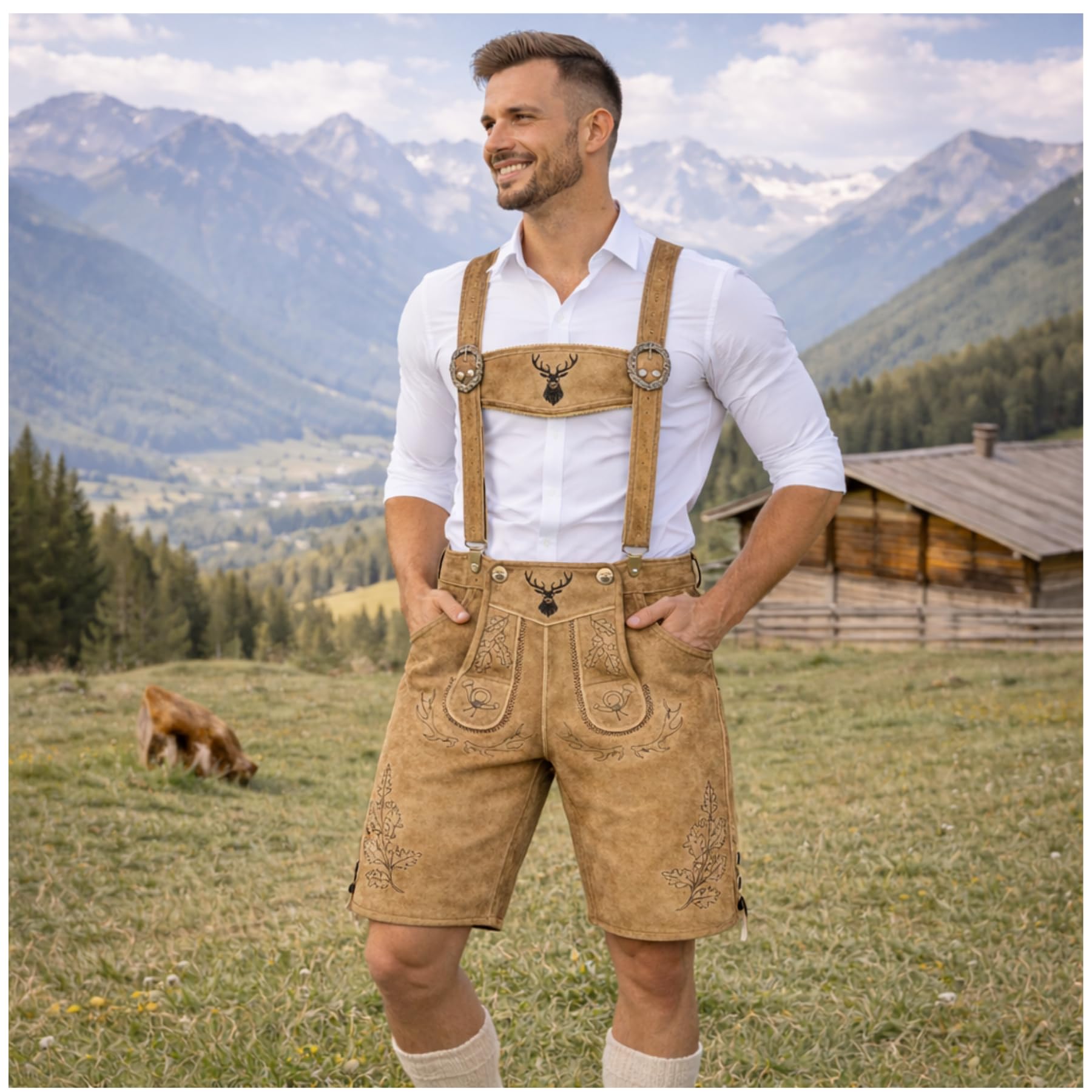 Herren Trachten Lederhose HK5 + Träger, Echtes Leder, Gr. 44-60