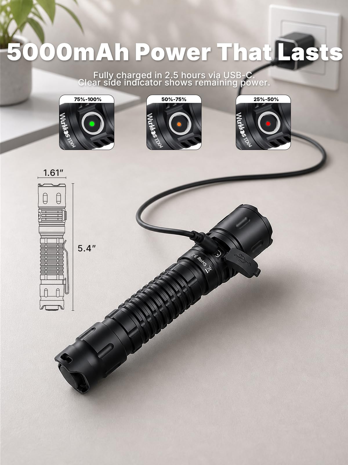 Wurkkos TD04 Tactique Led lampe de poche Rechargeable 5000mAh power, lampe tactique,lampe torche,3000 lumens,Led lampe de poche avec interrupteur tactique noir, IPX8,lampe torche puissante