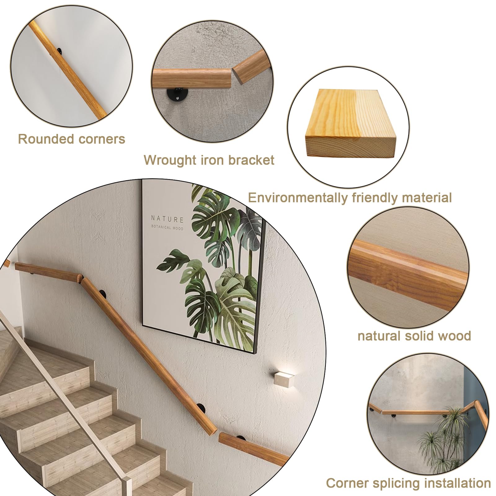 Pasamanos De Madera Redondo, Barandilla De Escalera Interiores, Antideslizante Barra De Soporte para Pasillo con Kit Completo, De 50-400 cm, Con 2 Soportes Para Ancianos (madera, 180cm)
