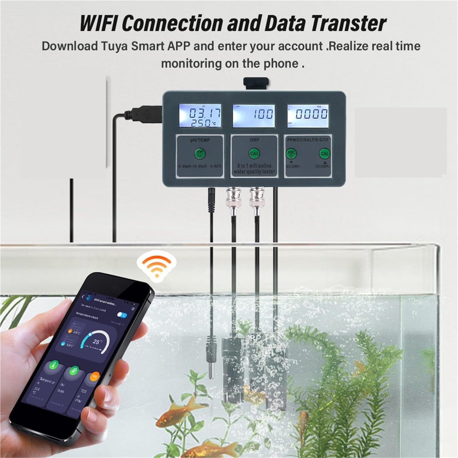 Détecteur de qualité l'eau 8 en 1 SG/PH/EC/ORP/TDS/CF/SALT/TEMP Analyseur mesure Moniteur d'eau Testeur, Analyse de qualité instantanée