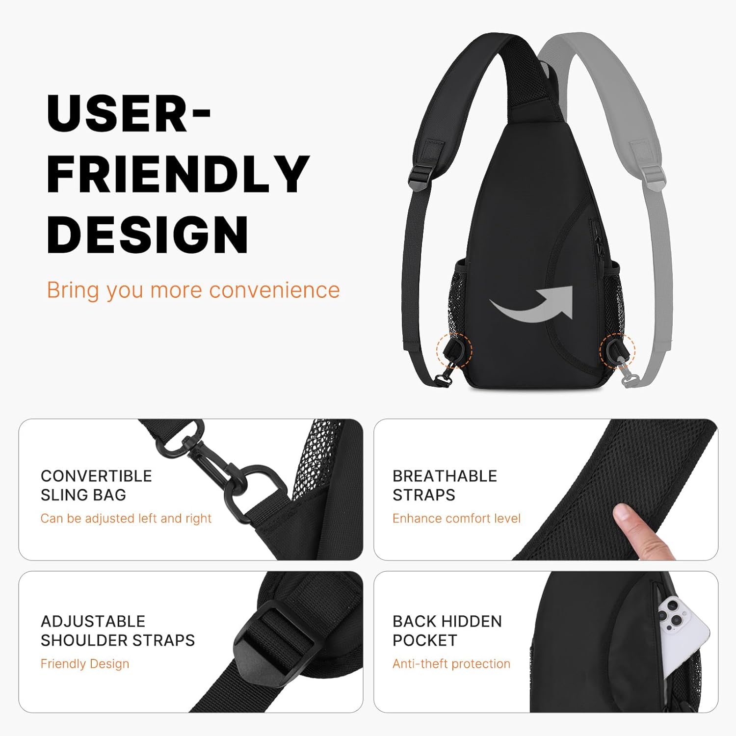 MOSISO Crossbody Sling Bag for Men Women, Sling Backpack Travel Hiking Daypack, Small Cross Body Shoulder Bag Daypack with 3 Front Pockets for Outdoor Casual Commuting, Black