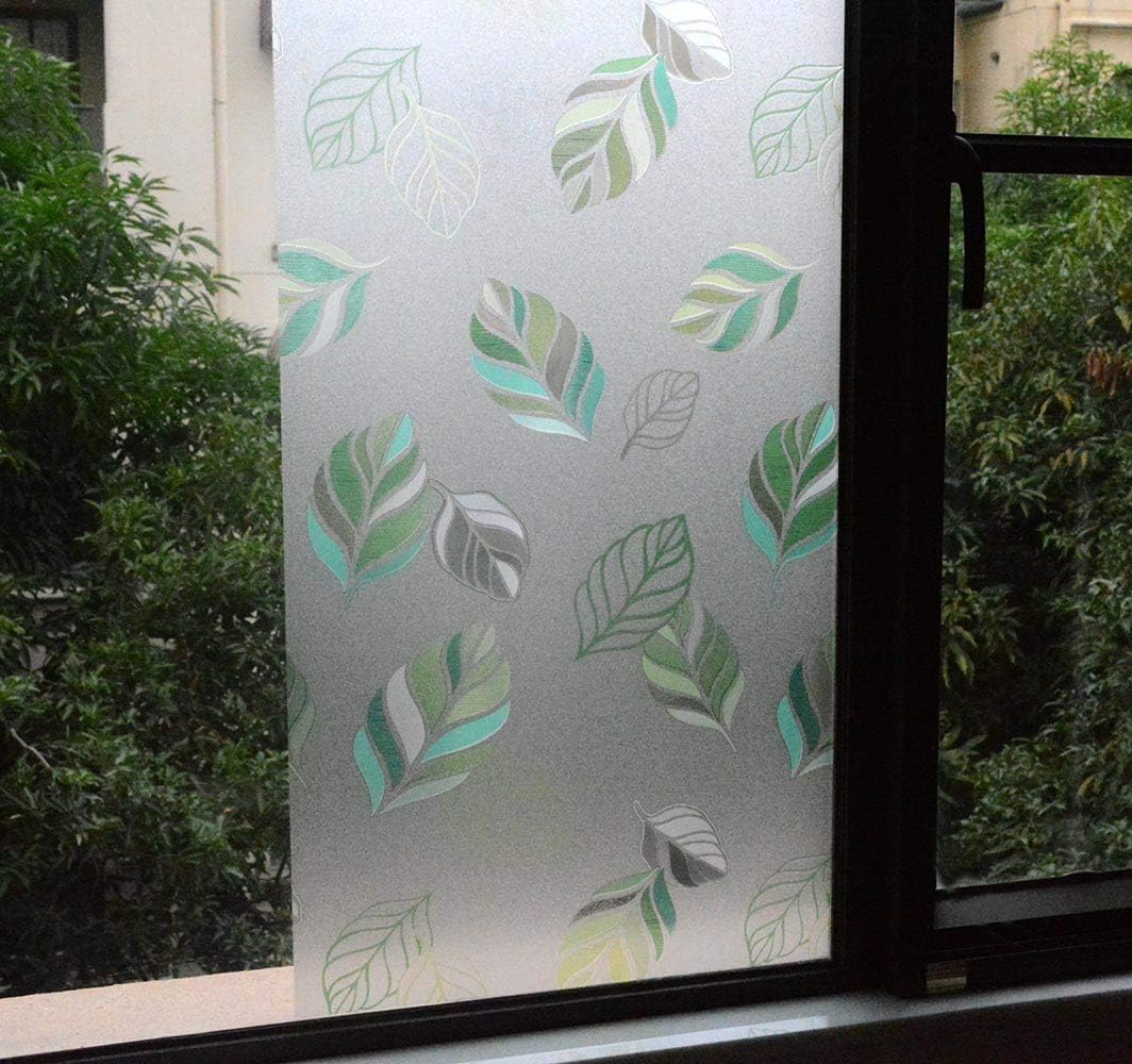 VSUDO Frosted Window Film, Leaf Pattern, Non-Adhesive, Static Cling Decorative Privacy Glass Cover for Home and Office, 35.4 x 157.5 Inches
