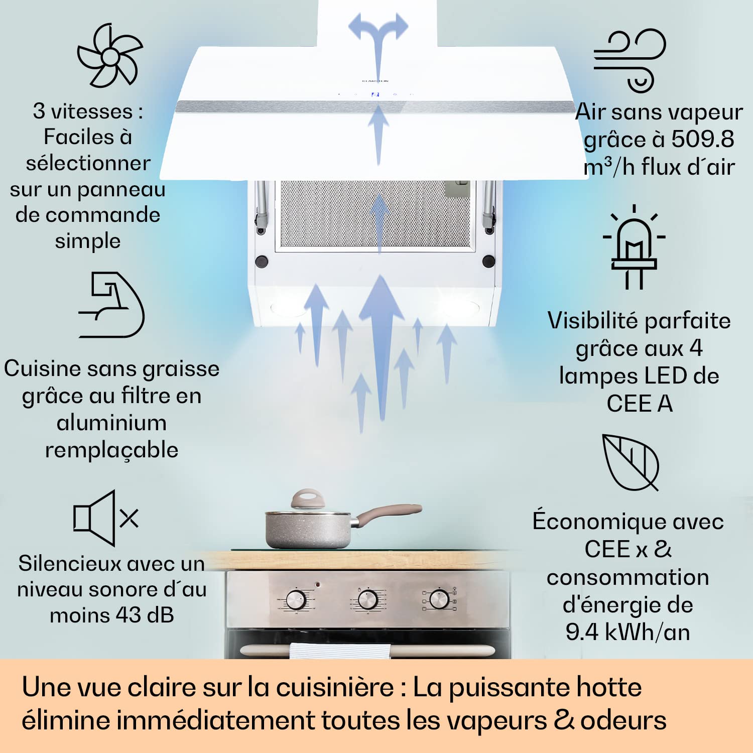 Klarstein Clara Hotte Aspirante 90cm, Hottes de Cuisine Inclinées, Filtre de Hotte en Aluminium, Débit d'Air Puissant 590 m³/h, Eclairage à LED, Efficacité Classe A, Efficace avec Evacuation