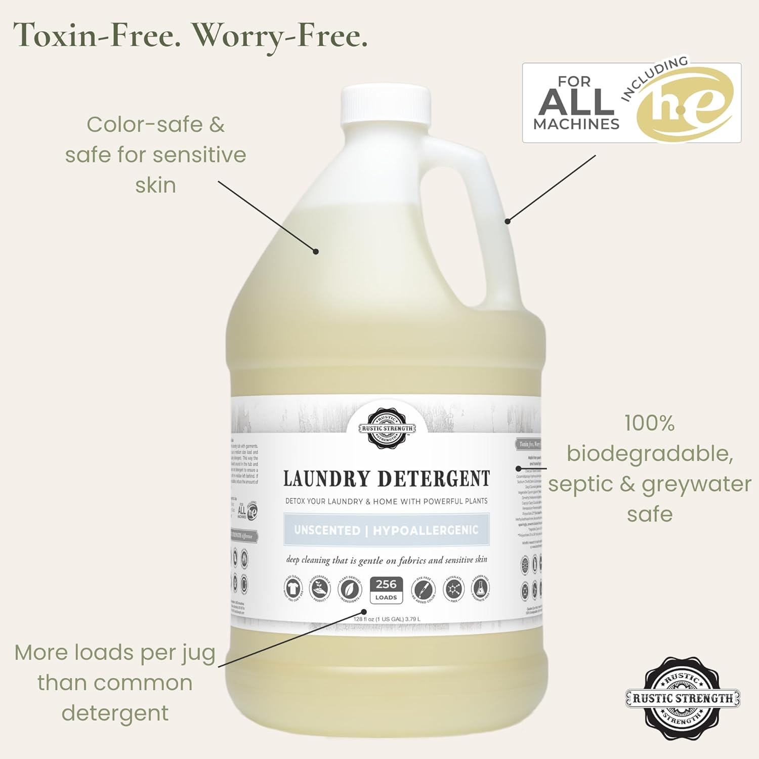 Rustic Strength Natural Laundry Detergent, Liquid, Unscented, Sensitive Skin, HE Compatible, 1 Gallon, Plastic