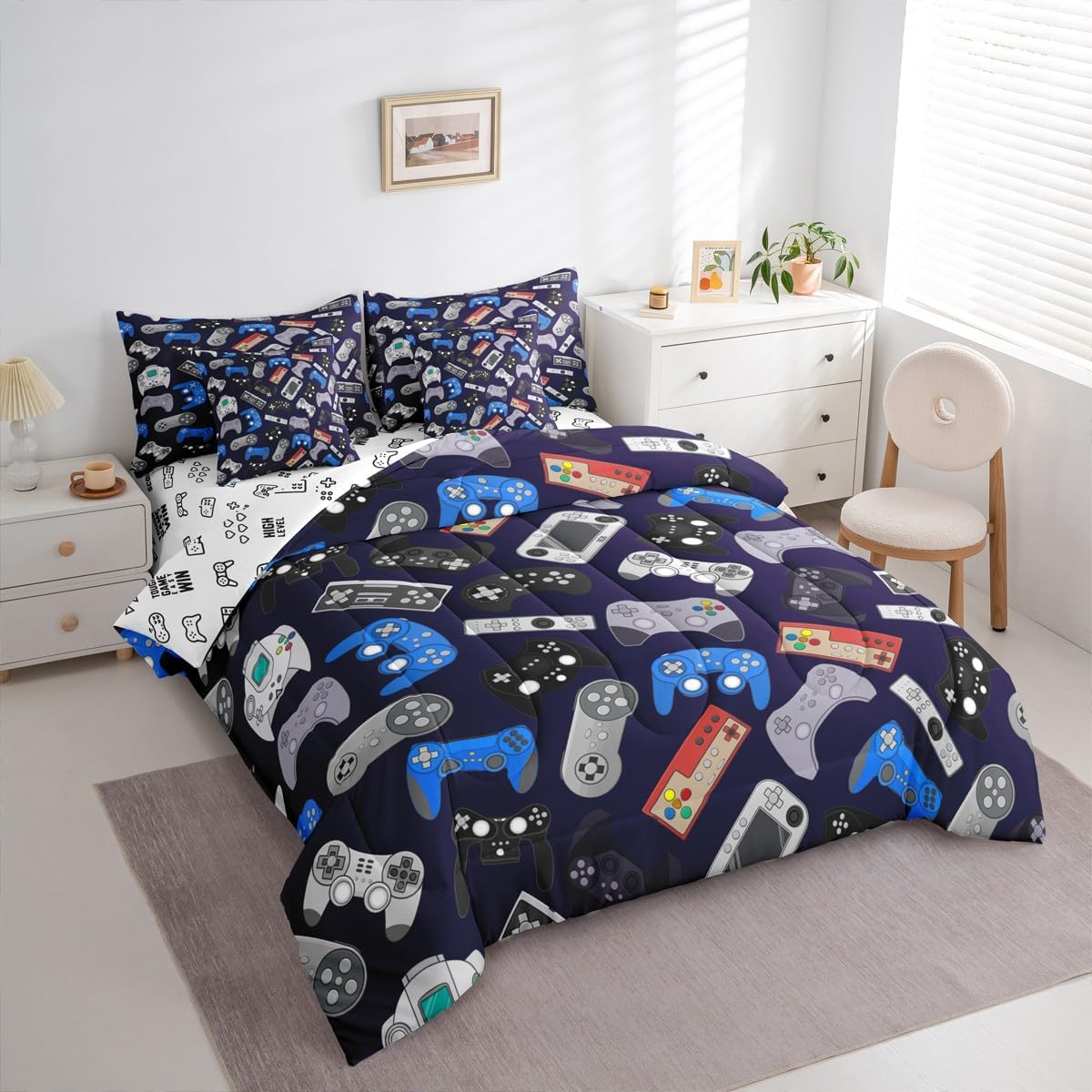 Erosebridal Teens Gamer 7 Piece Bedding Set Queen Kids Boys Children Comforter Set with Sheets Video Game Bed in a Bag Player Gaming Gamepad