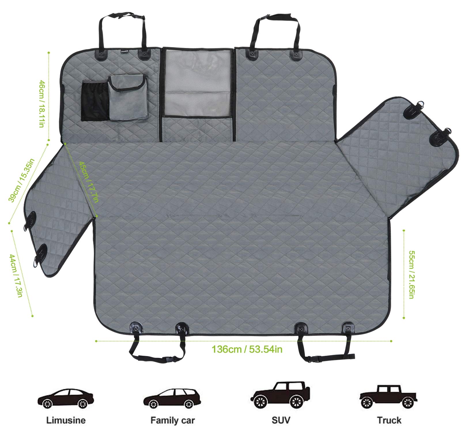 Pecute Housses de Siège arrière d'auto avec Poche de Rangement, Banquette Imperméable pour Voiture et SUV Tansport Chien(146 x 136cm,Gris)