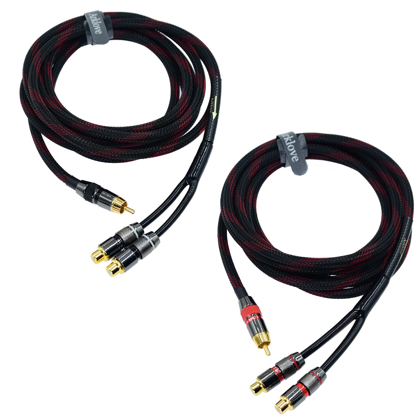 Arklove Cavo splitter RCA schermato per subwoofer, stereo, audio, video, da 1 maschio a 2 femmine, adattatore a Y per doppio altoparlante, cavo di prolunga placcato oro 24 k (confezione da 2)