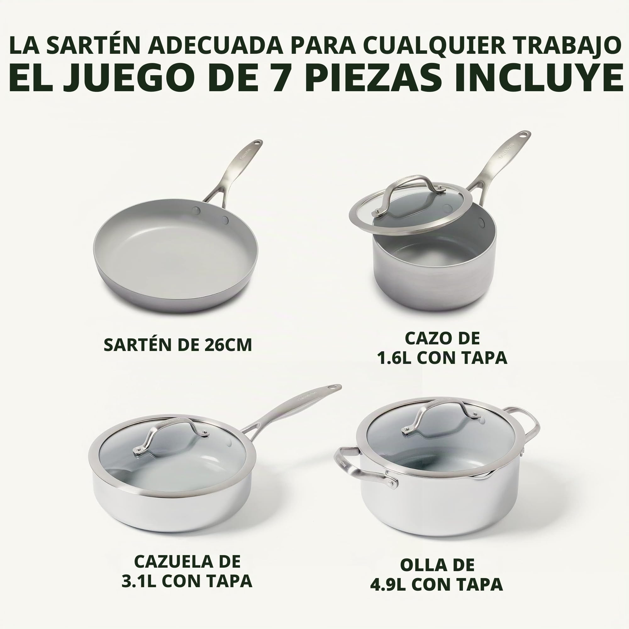 GreenPan Venice Pro Juego de Sartenes y Ollas de 7 Piezas de Acero Inoxidable Sano con Cerámica Antiadherente, Sin PFAS, Multicapa, Inducción, Apto para Lavavajillas, Apto para Horno, Plateado