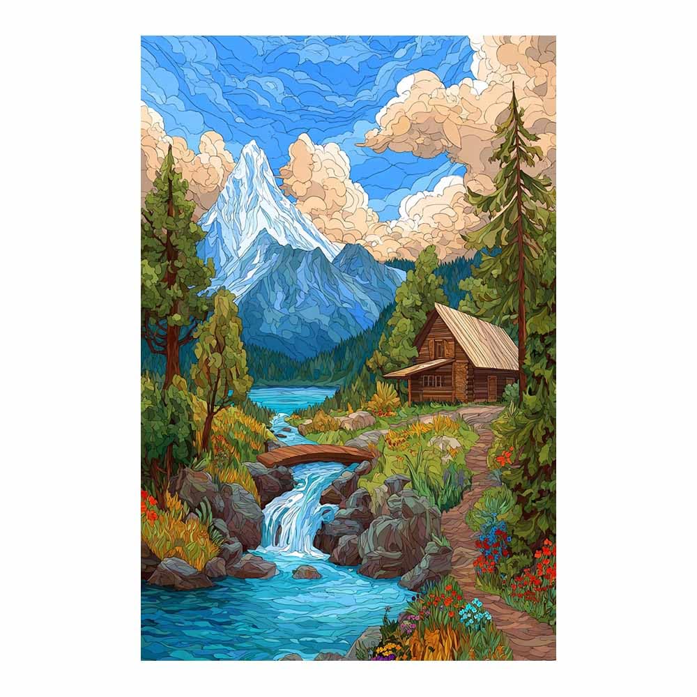 XENIOU Landscape Wall Pictures Mountainse Cabin Waterfall Art pictures, print canvas poster decor for living room, bathroom canvas art, for Bedroom Home Decoration.(Multicolor)-60x90cm Unframed