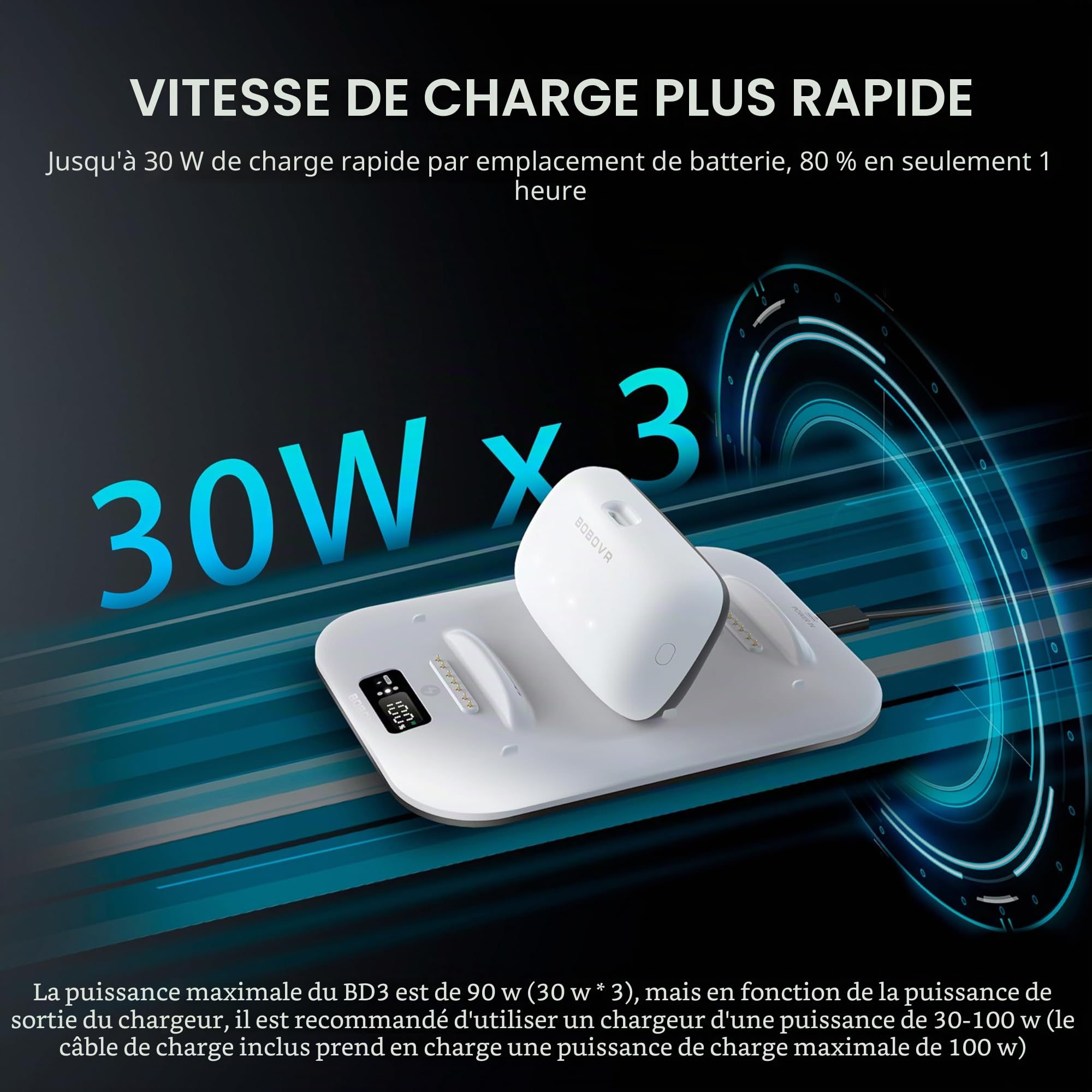 BOBOVR BD3 Station de Chargement, Offrant Une Charge Rapide pour 3 * B100, Puissance 30 W, 0 à 80% en Seulement 1 Heure