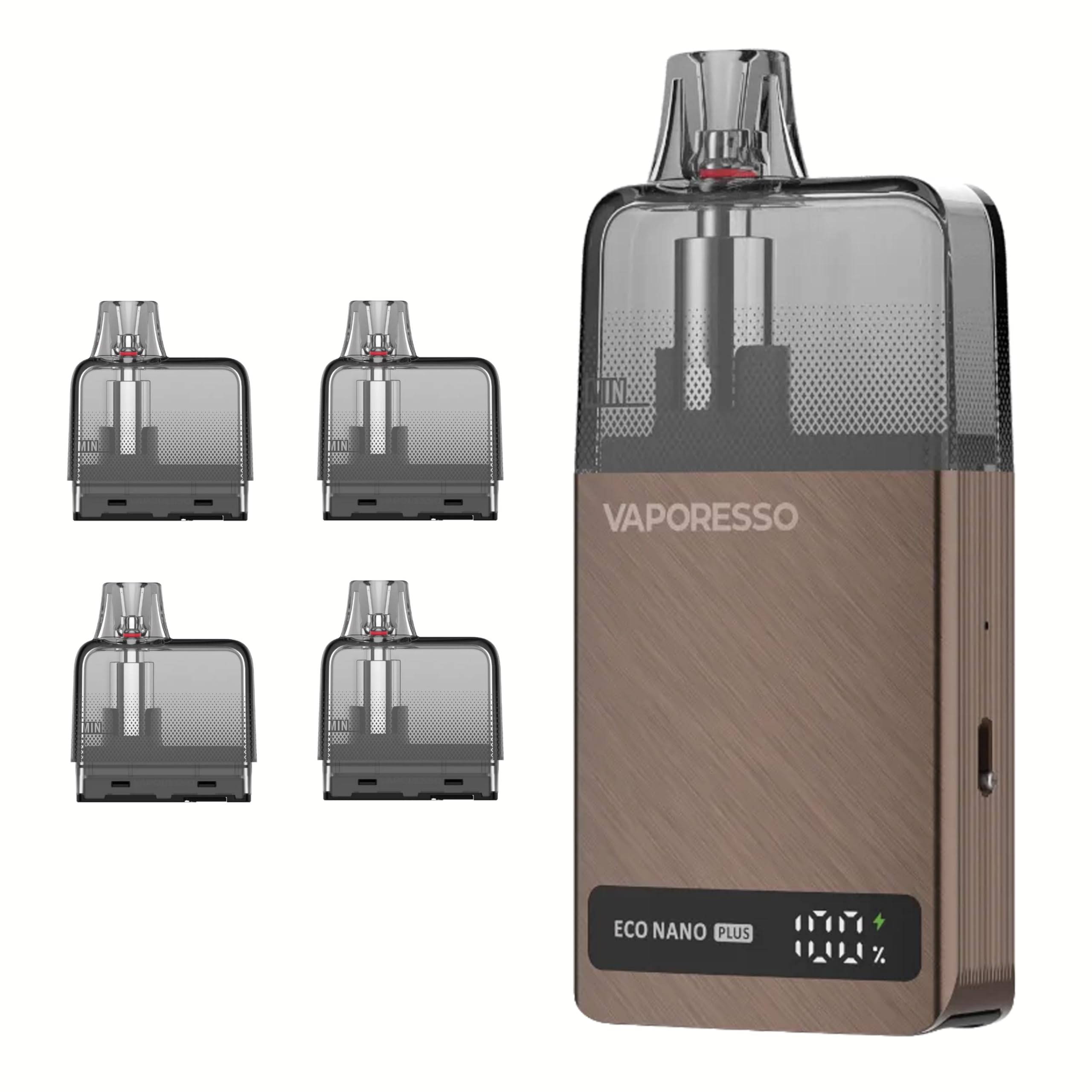 Vaporesso ECO Nano Plus Pod Kit Bundle – 1400mAh Akku & 10ml Tank – Inkl. 4x Extra Ersatz-Pods (0,6Ω & 0,8Ω Mix) – Digitale Anzeige, Zugautomatik (braun)
