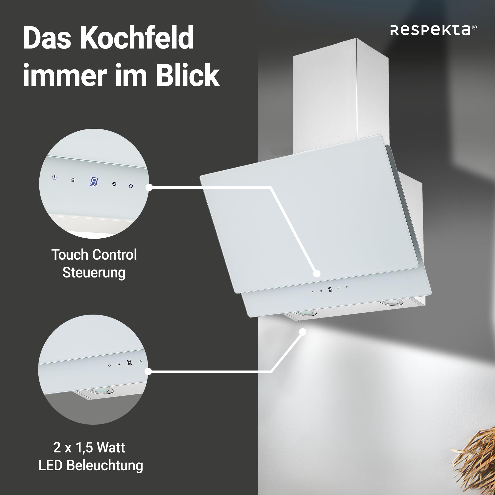 Respekta Dunstabzugshaube kopffrei/Haube schräg 60 cm/Edelstahlgehäuse mit Glasschirm in Weiß/Abluft - und Umluftfunktion / CH77060WA / A / 53–66 dB