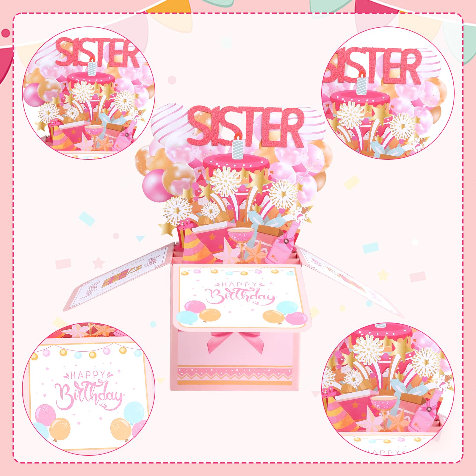 STEFORD Tarjeta desplegable de feliz cumpleaños para hermana, tarjeta de cumpleaños 3D para hermana con sobre, globos, fuegos artificiales, tarjetas de felicitación con tarjeta en blanco, regalos