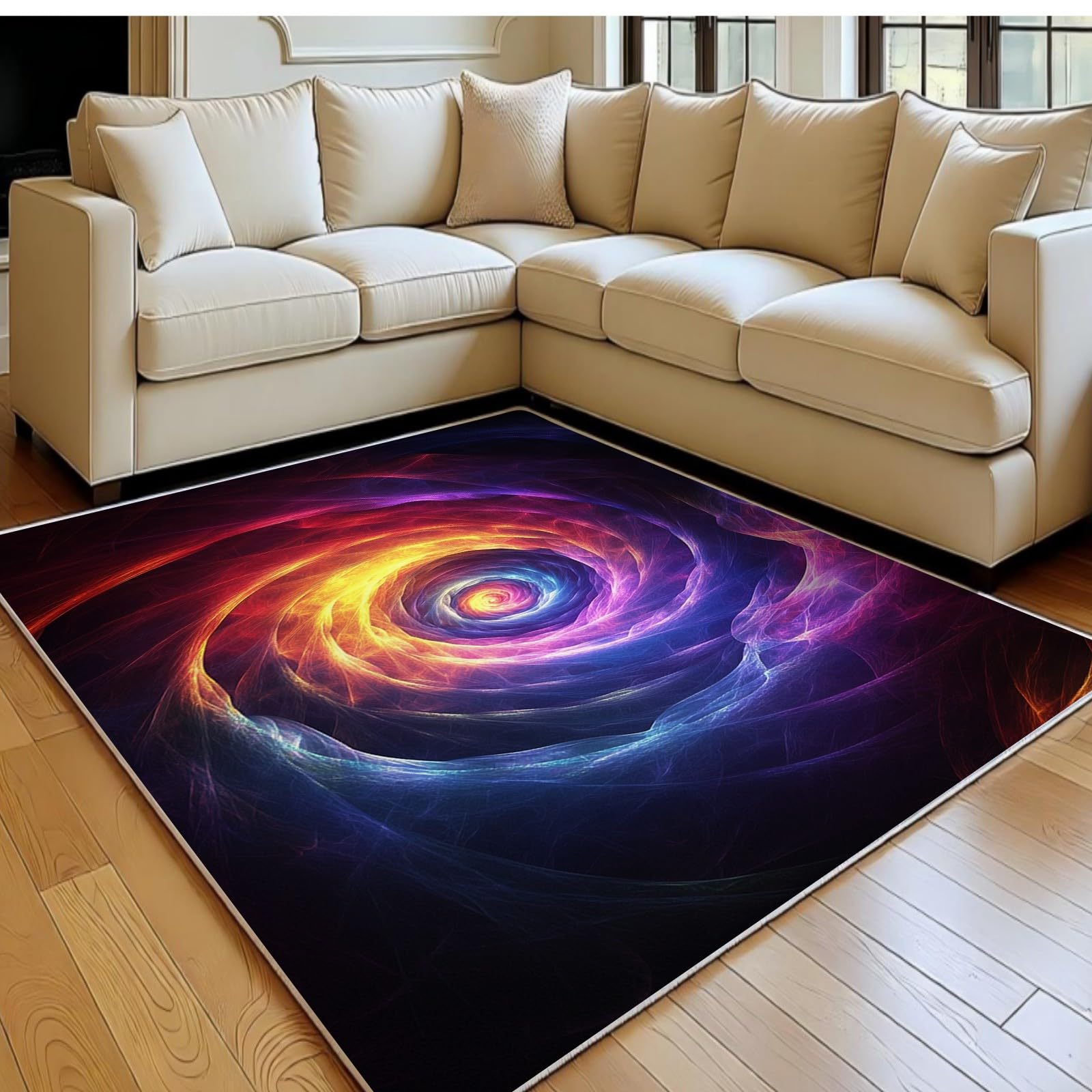 Grand tapis salon moderne violet au design tunnel en spirale exclusif