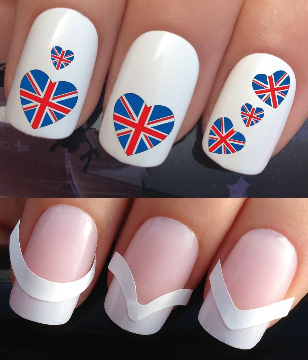 NAIL DECALS WATER TRANSFERS STICKERS ART SET #337 & 172. **plus x48 nail tip guides!!** x24 PROUD TO BE BRITISH UNION JACK FLAG UNITED KINGDOM HEART TATTOO WRAPS & x48 FRENCH MANICURE TIP GUIDES! CAN BE USED WITH NATURAL GEL ACRYLIC STICK ON NAILS! OR WITH GLITTER DUST CAVIAR BEADS ALLOYS DECORATIONS CONFETTI FIMO SHAPES TAPE PENS RHINESTONES!