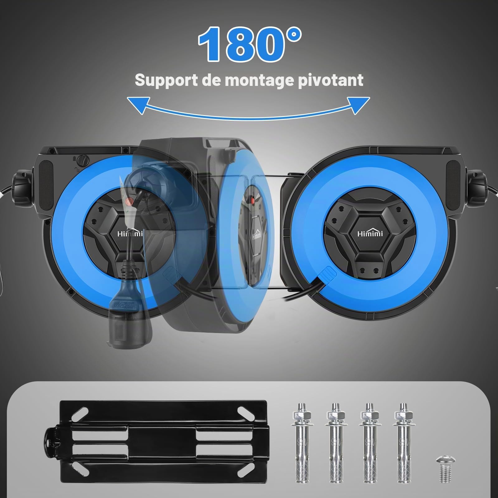 Enrouleur de câble automatique avec support 15m + 2m | enrouleur automatique electrique monté mur et plafond | 1500 W ~ 3000 W | rallonges éléctriques rotatif à 180° | Protection Degré IP44