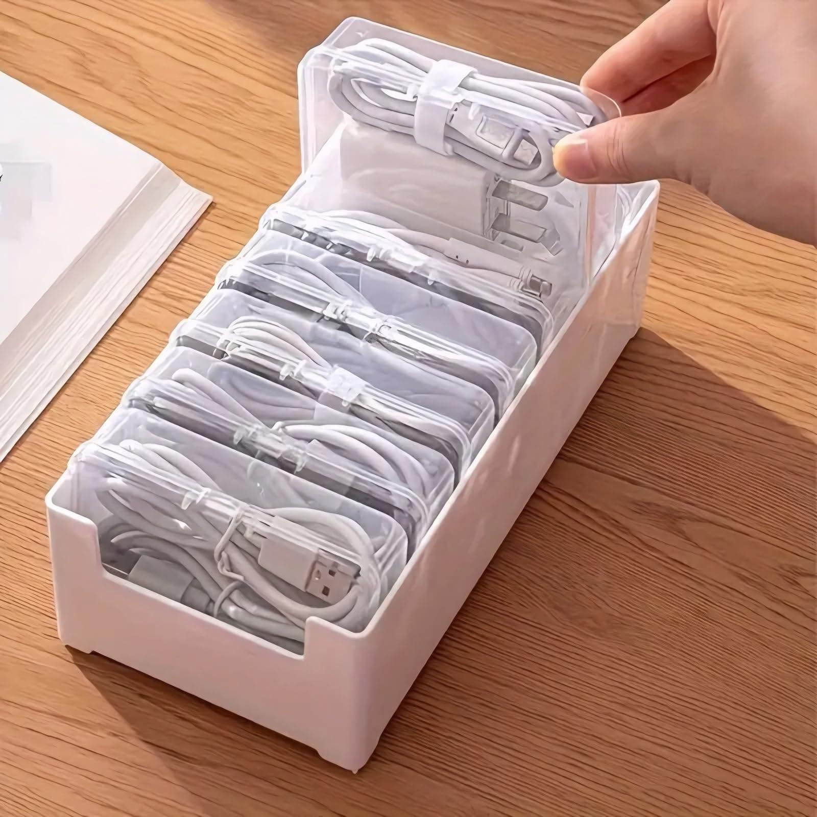 Cable Organizer Storage Box with 7 Wire Ties,Desktop Cable Management Box with Switch,Power Cord Organizer with 7 Compartments for Office,Home,Desk Accessories Storage Stationery Supplies（Clear）