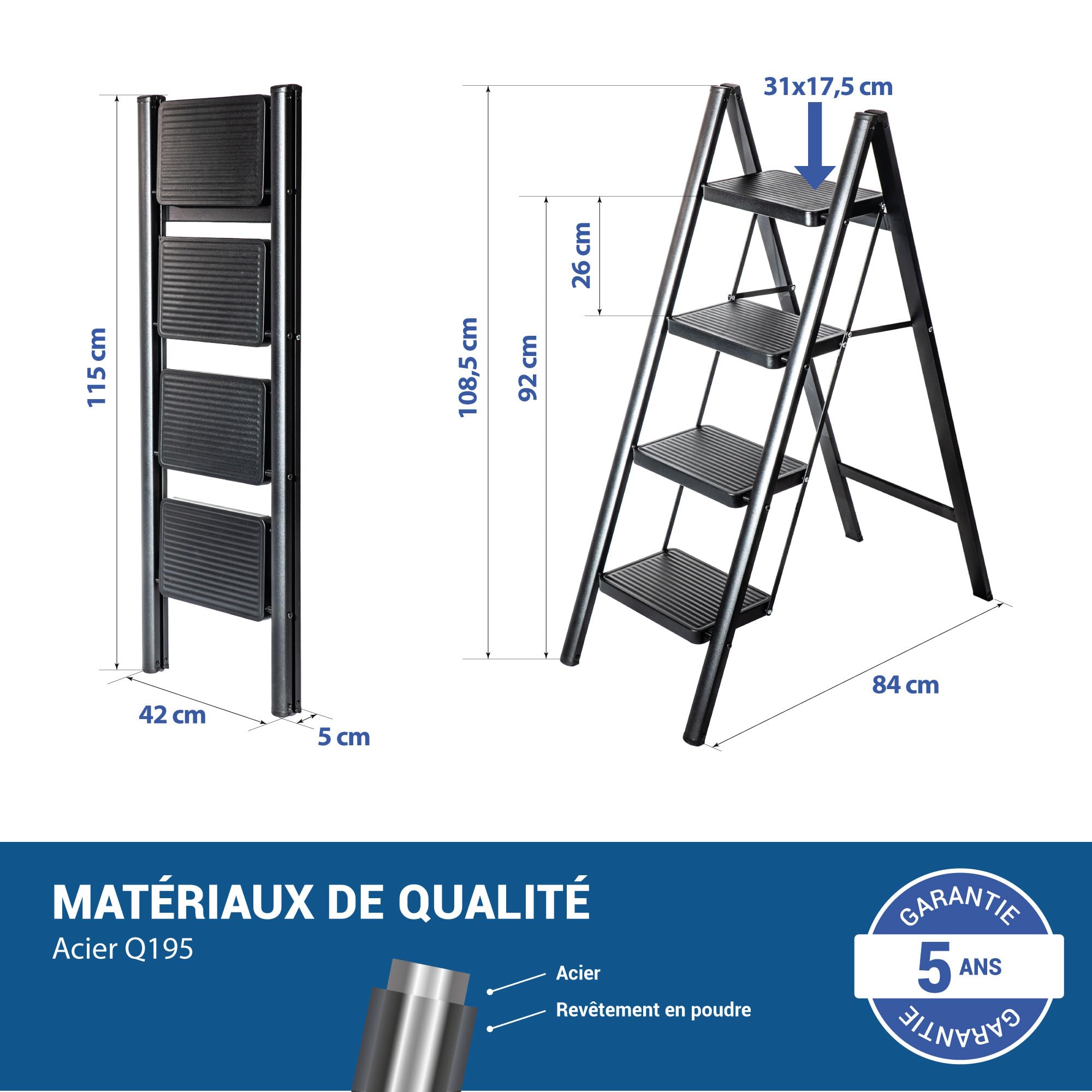 HOSTRÖM Escabeau 4 marches FOLDPACT4, Marche Pied Pliable, Design Ultra-Compact, Marches Larges 17,5 cm, Acier, Etagère temporaire, Garantie 5 Ans