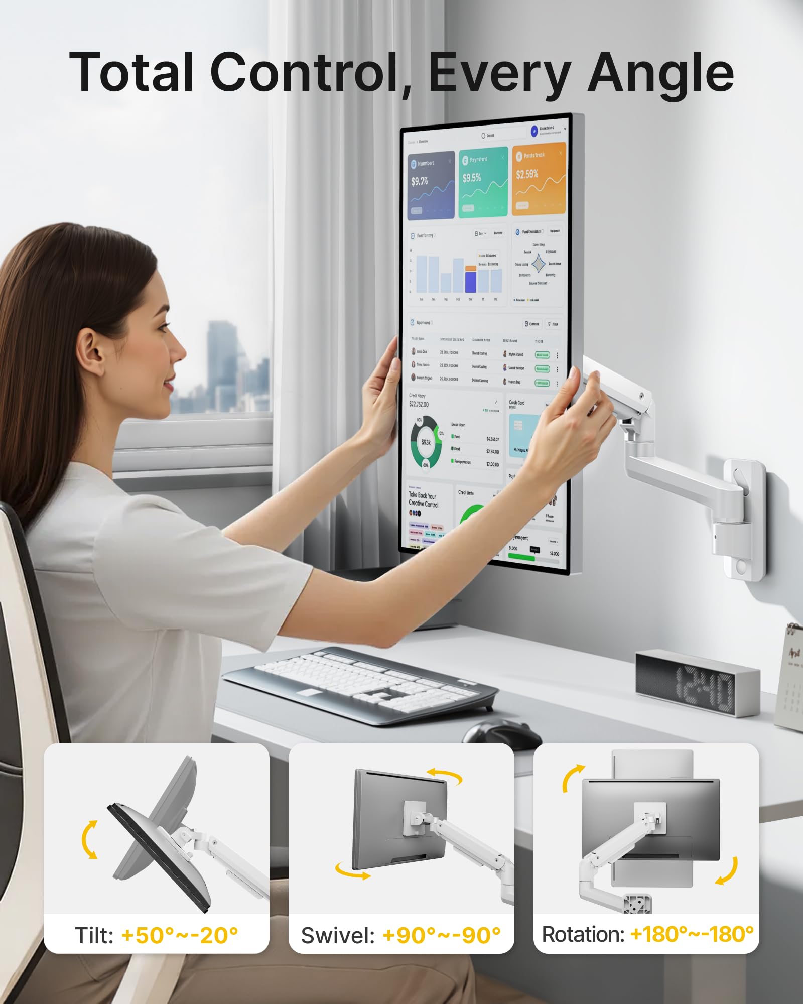 monTEK Supporto da parete per monitor ultra largo per schermi da 17 a 49 pollici, resistente supporto per monitor singolo fino a 20 kg, braccio per monitor completamente regolabile con molla a gas